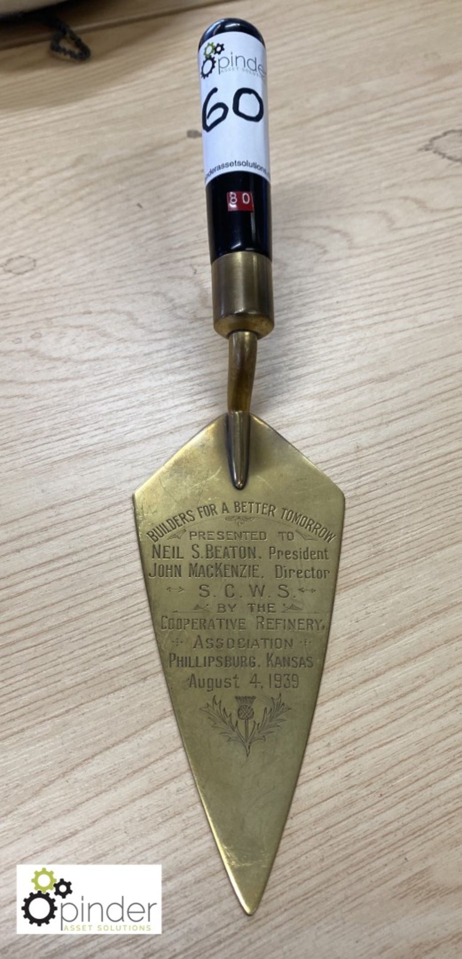 Commemorative Trowel, “Builders for a Better Tomorrow” by the Co-Operative Refinery Association,