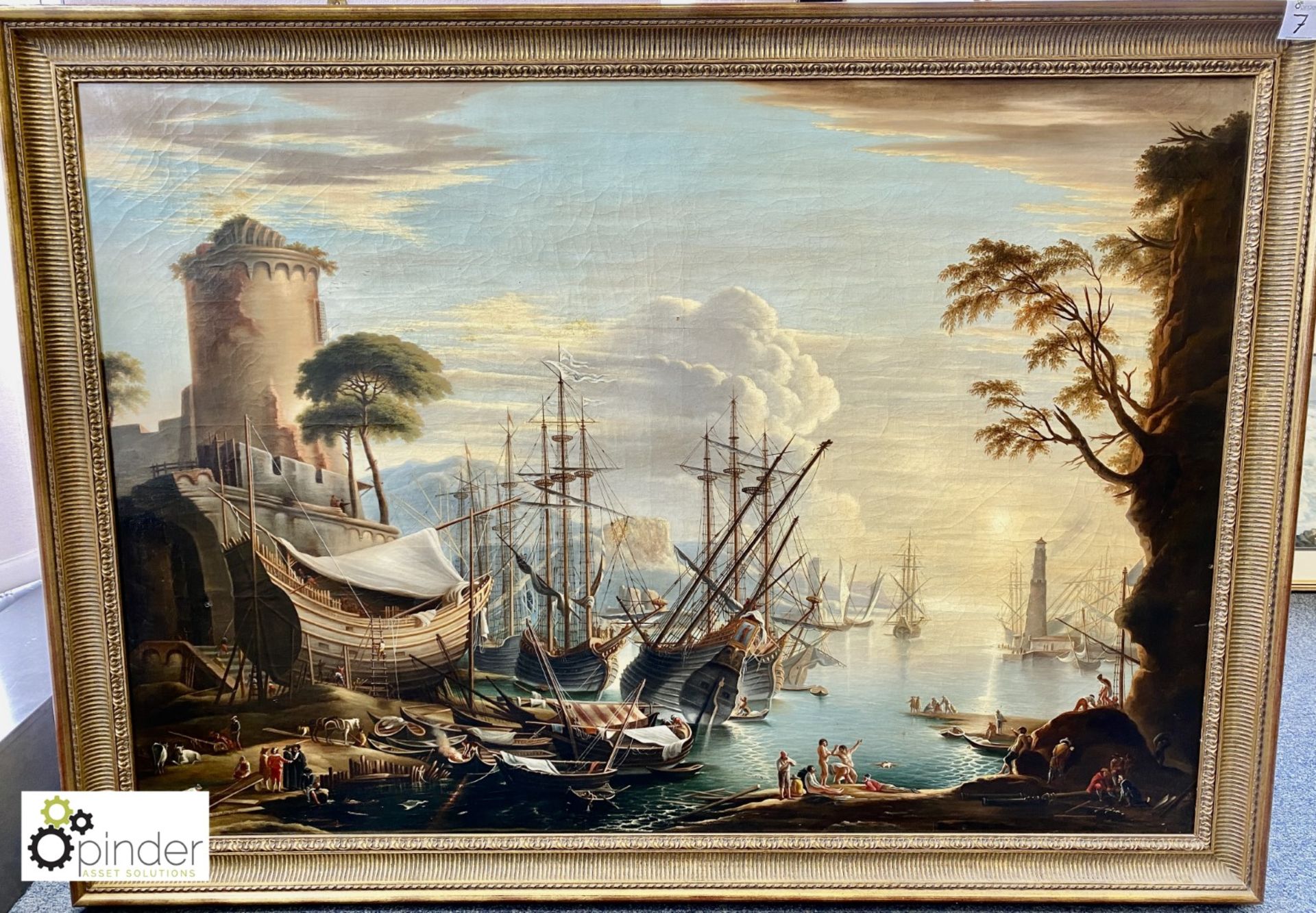 Oil on Canvas “Ships In Dock”, with guilt frame, signed Claude, painted in the style of Claude