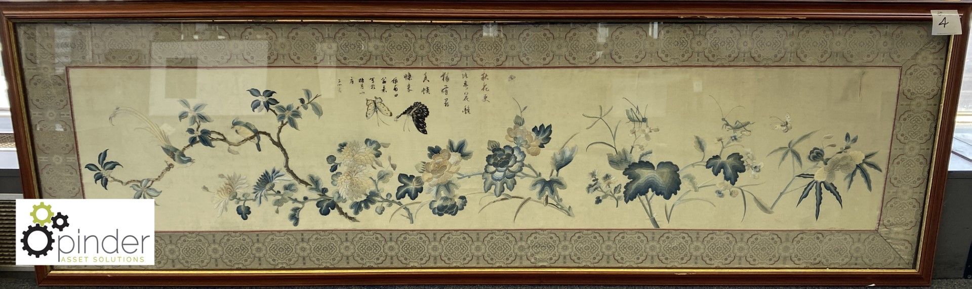 Framed and glazed Chinese Tapestry “Birds, Butterflies and Flowers”, 1830mm x 590mm