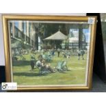 Framed and glazed Watercolour “Deck Chairs on Sunny Field” by D.J. Curtis, 1994, 710mm x 615mm