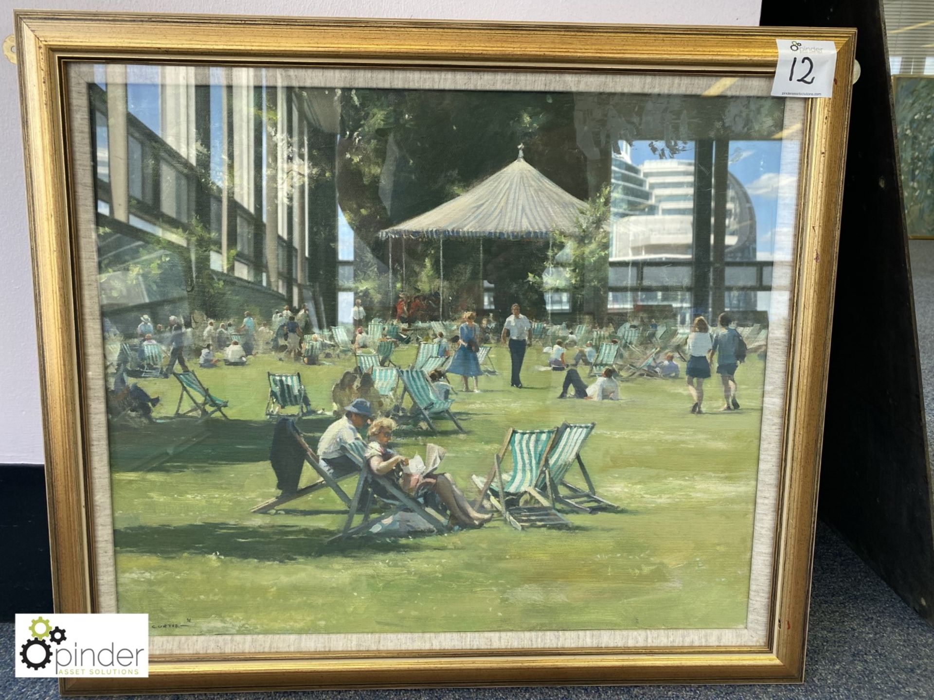 Framed and glazed Watercolour “Deck Chairs on Sunny Field” by D.J. Curtis, 1994, 710mm x 615mm