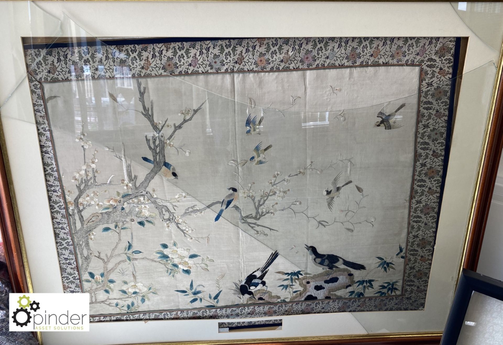 Framed and glazed Chinese Tapestry “Magpie and Flowers”, made in the Reign of Emperor Chien Lung (