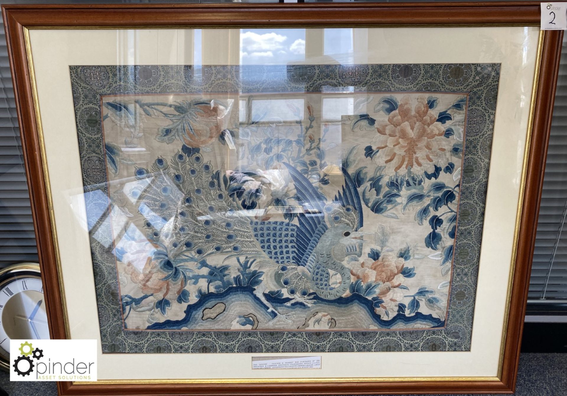 Framed and glazed Tapestry “Peacock and Peonies”, purchased in August 1964 from the Chinese