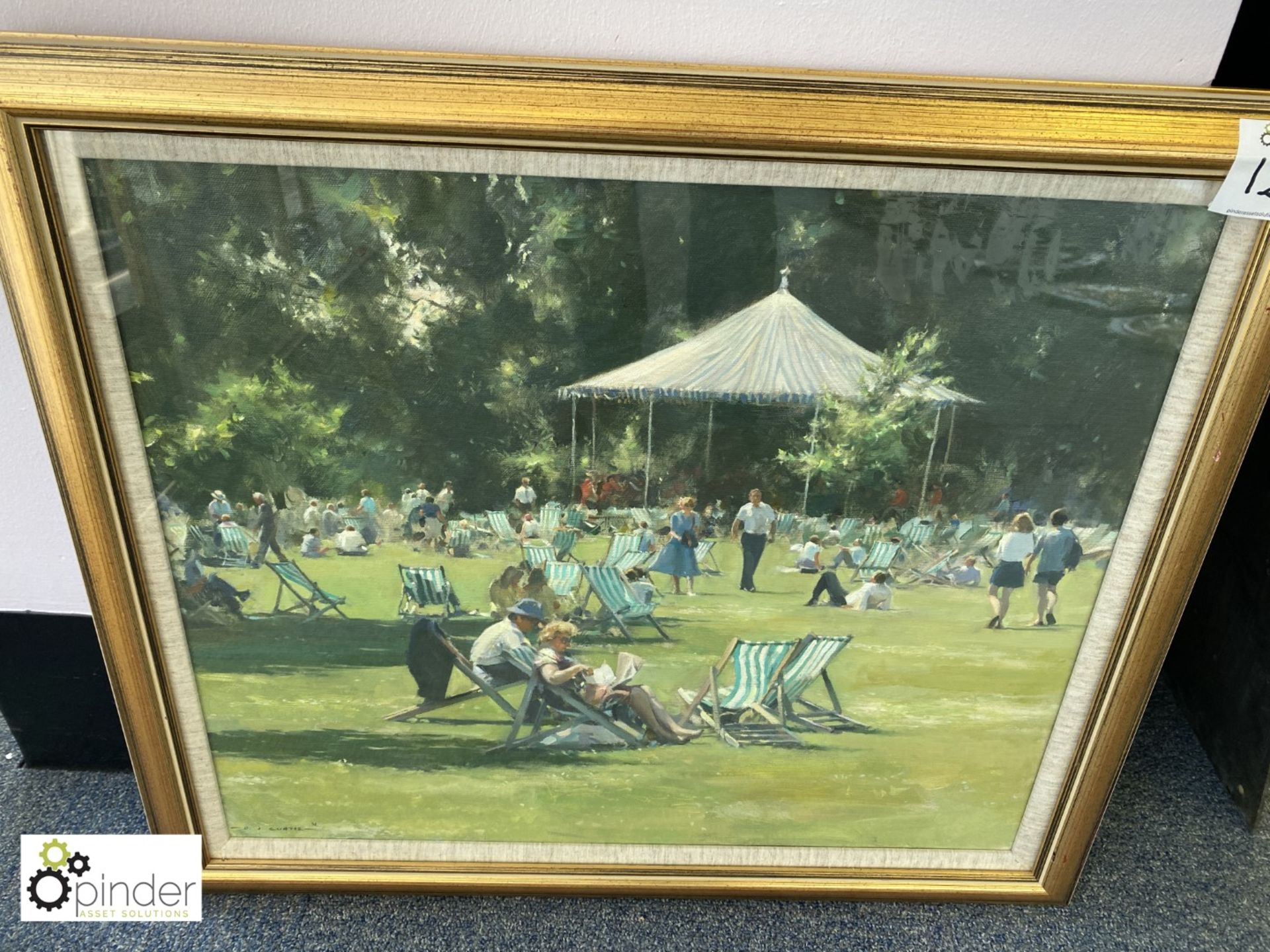 Framed and glazed Watercolour “Deck Chairs on Sunny Field” by D.J. Curtis, 1994, 710mm x 615mm - Image 2 of 2