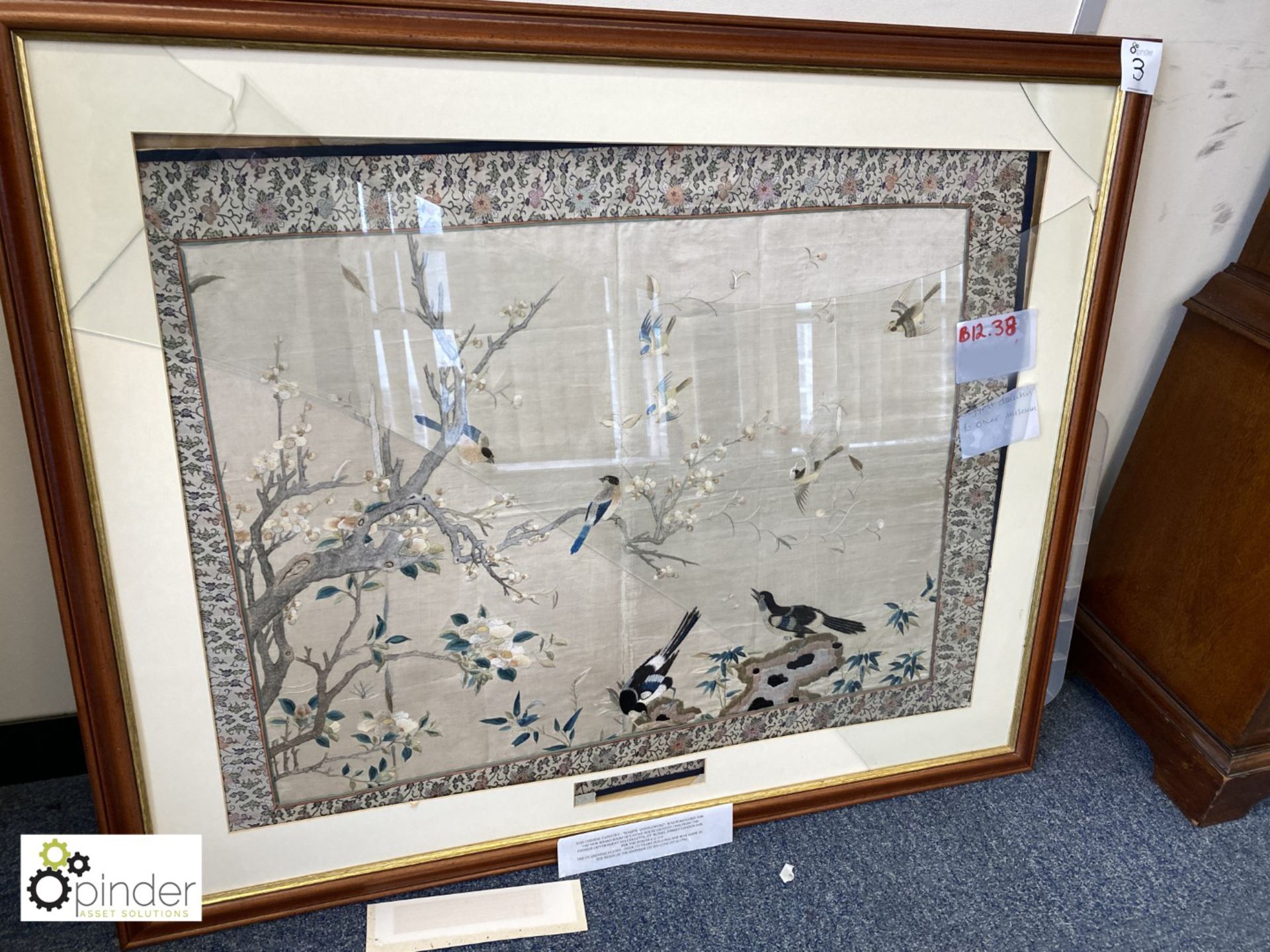 Framed and glazed Chinese Tapestry “Magpie and Flowers”, made in the Reign of Emperor Chien Lung ( - Image 3 of 12