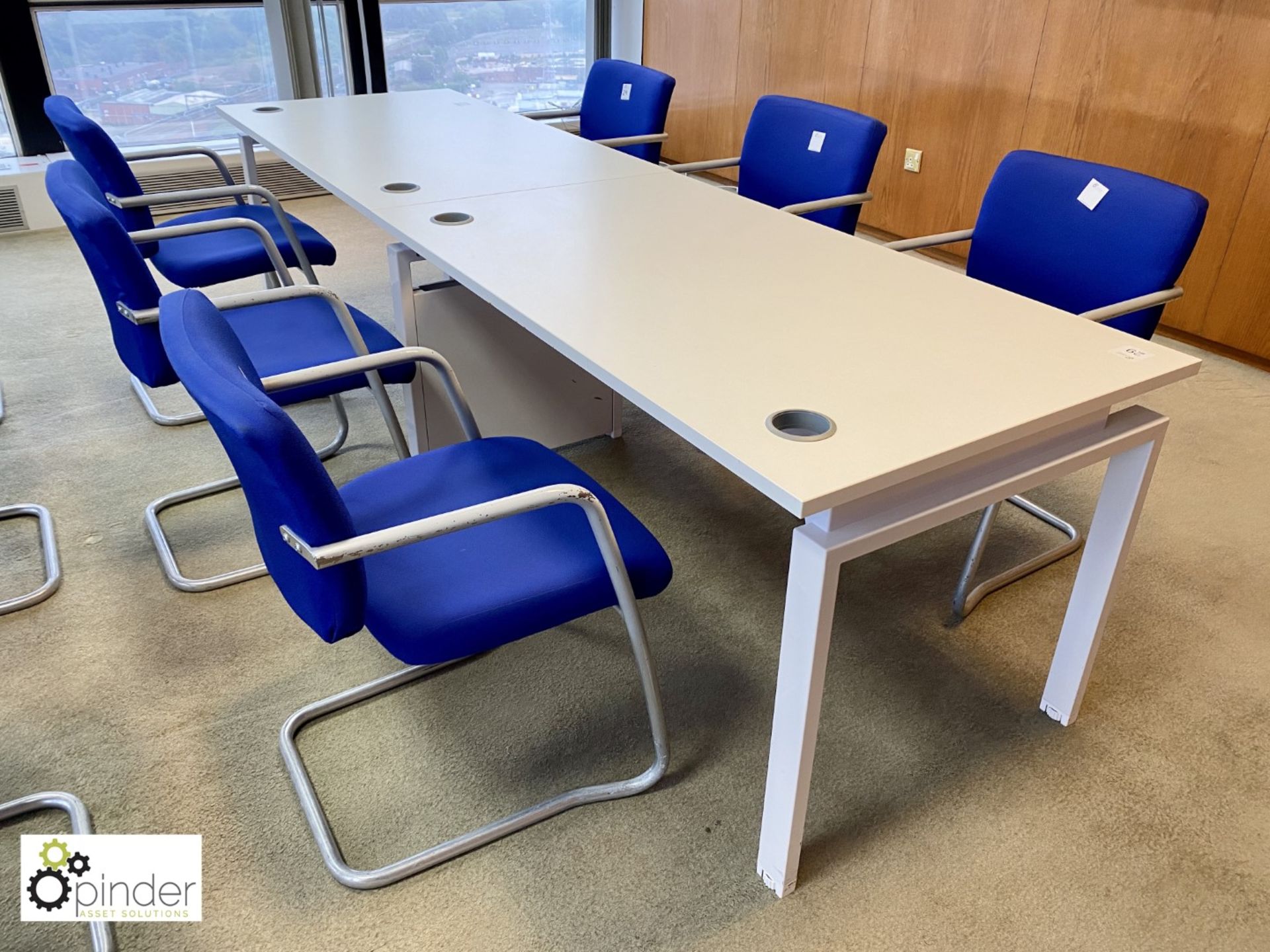 2-section Meeting Table, white, 2850mm x 800mm, with 6 upholstered cantilever meeting chairs,