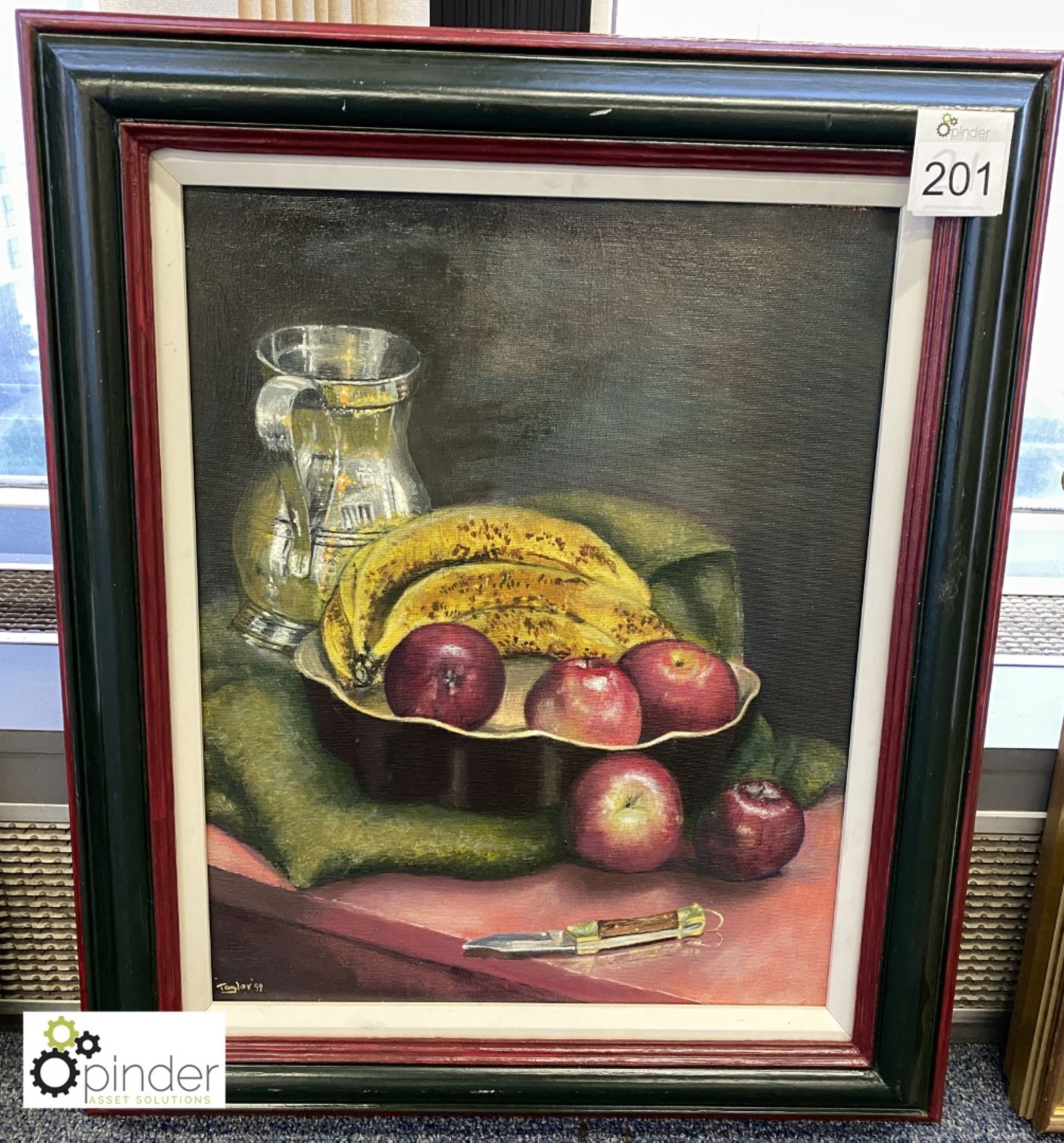 Framed Oil on Canvas “Pewter, Fruit and Knife” by Derek Alfred Taylor, 550mm x 660mm (located on 6th