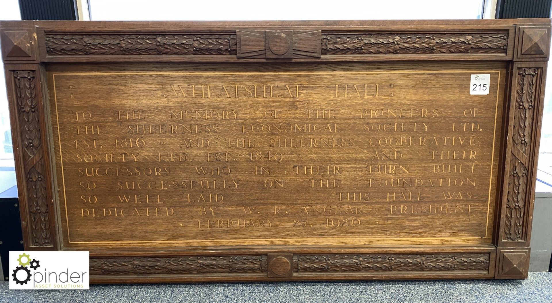 Wooden Plaque “Wheatsheaf Hall” 25 February 1926, 1400mm x 730mm (located on 6th Floor)