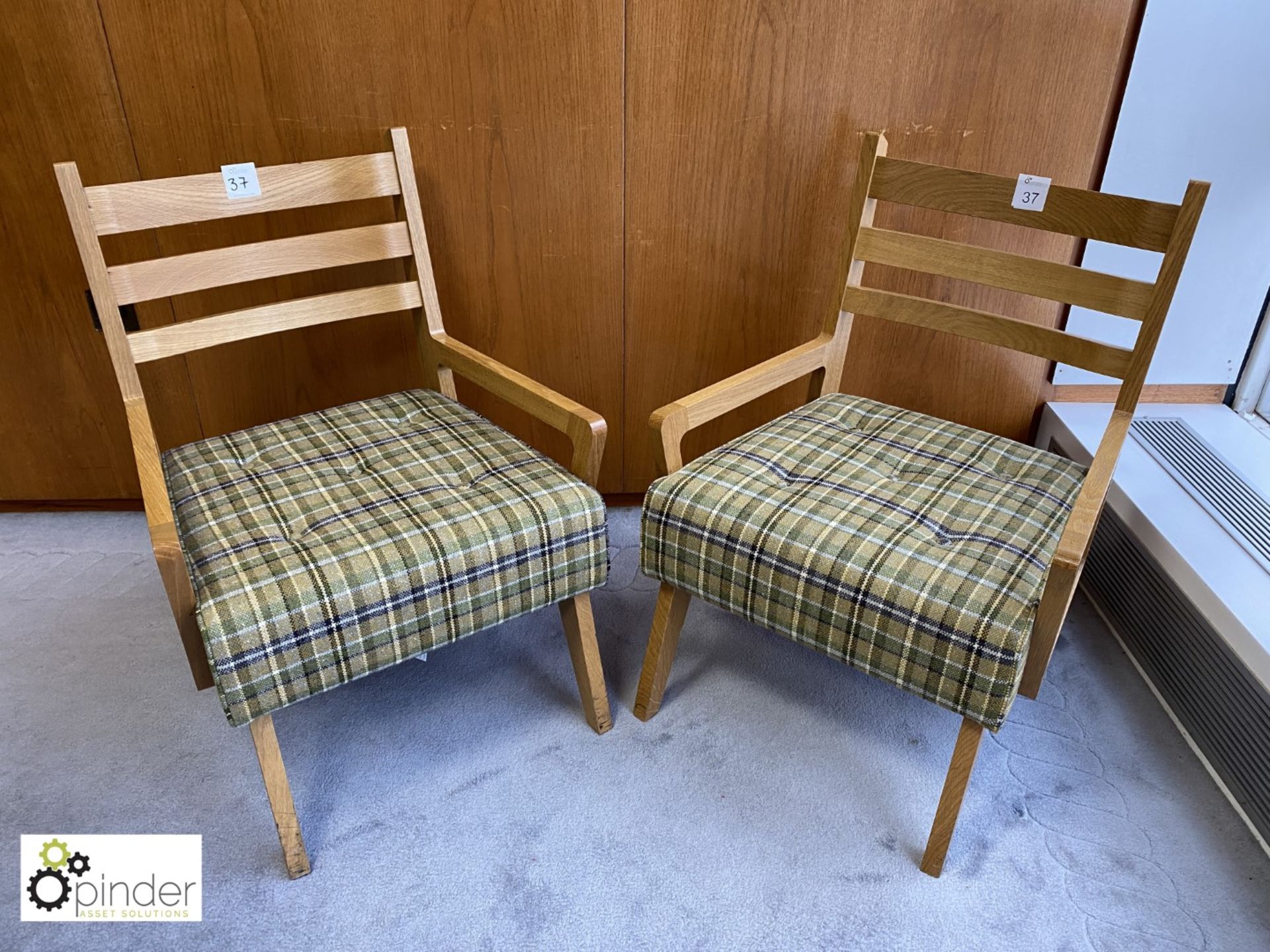 Pair oak framed and upholstered retro style Armchairs (located in Meeting Room 10 on 23rd Floor)