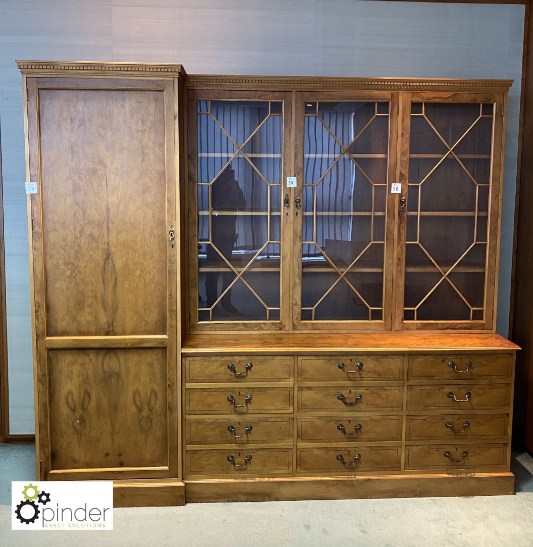 Walnut effect Bookcase, with 6-drawer base and full height cabinet, 2400mm x 600mm x 2140mm high, no