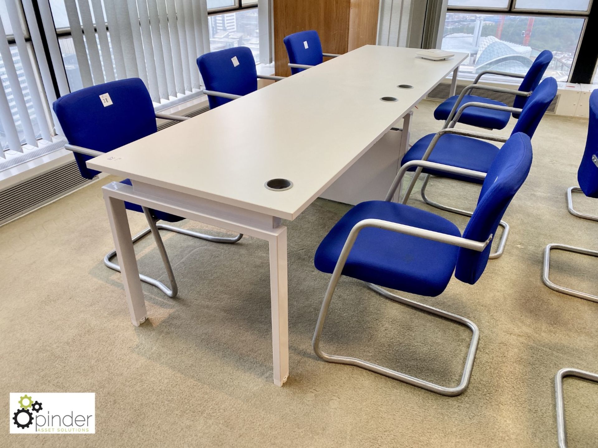 2-section Meeting Table, white, 2850mm x 800mm, with 6 upholstered cantilever meeting chairs,