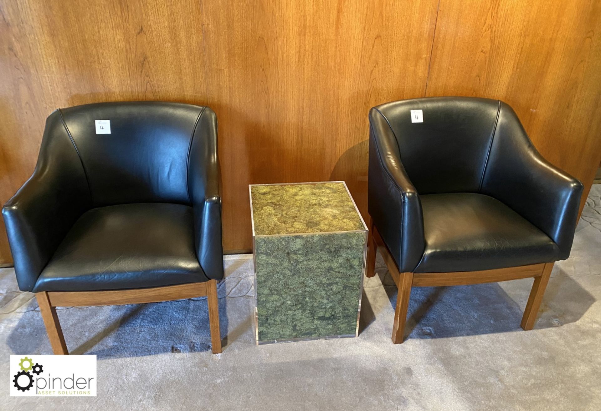 Pair leather upholstered Reception Tub Chairs and Perspex Coffee Table (located in Reception on 23rd