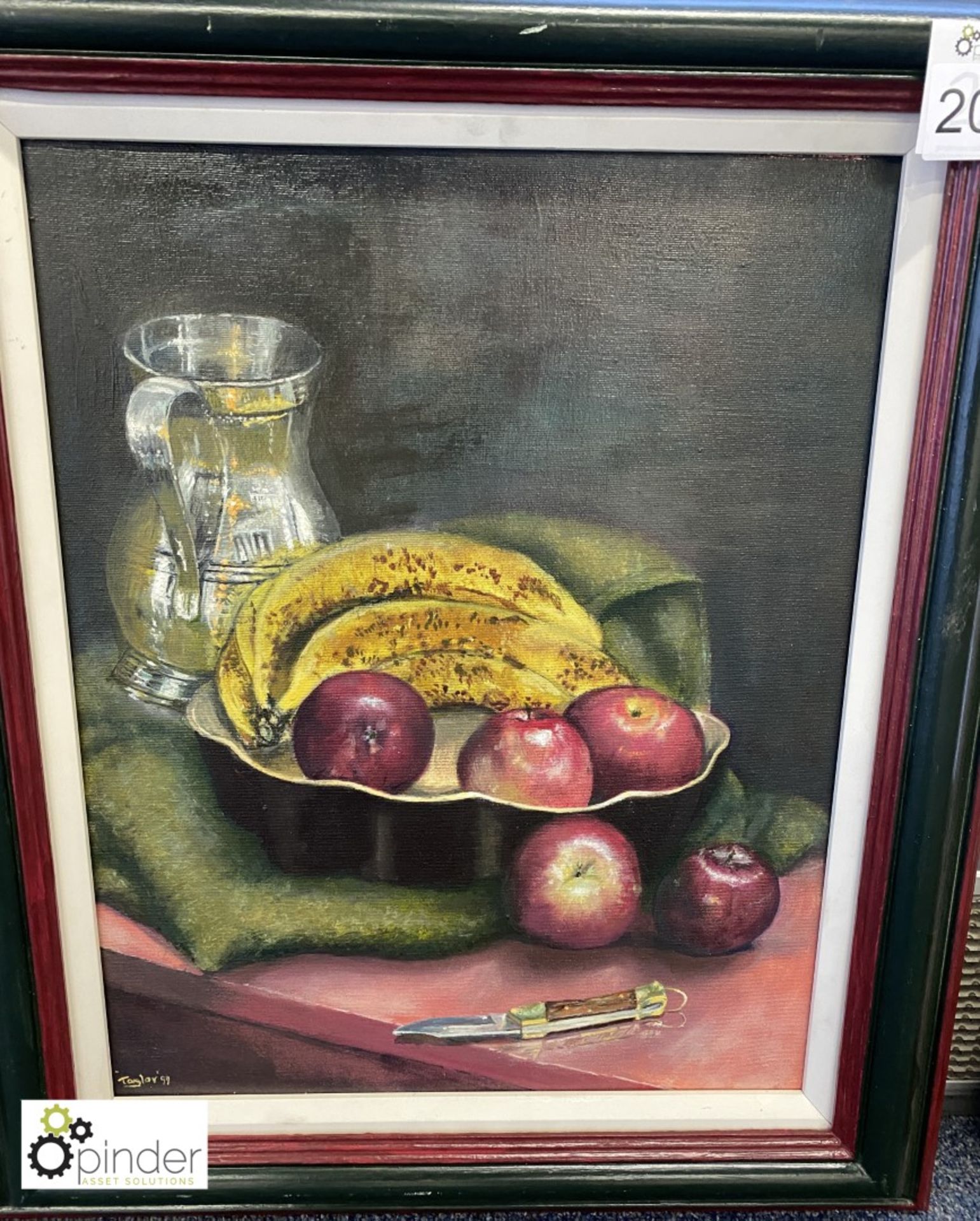 Framed Oil on Canvas “Pewter, Fruit and Knife” by Derek Alfred Taylor, 550mm x 660mm (located on 6th - Image 2 of 4