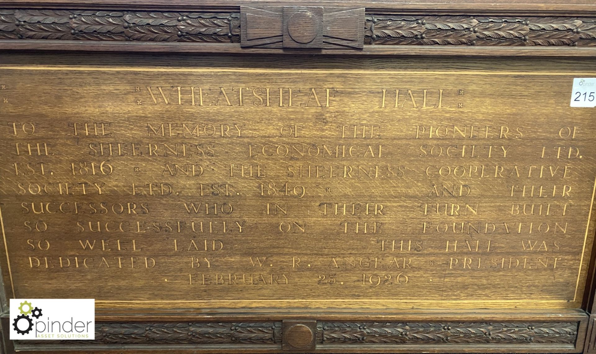 Wooden Plaque “Wheatsheaf Hall” 25 February 1926, 1400mm x 730mm (located on 6th Floor) - Image 2 of 2