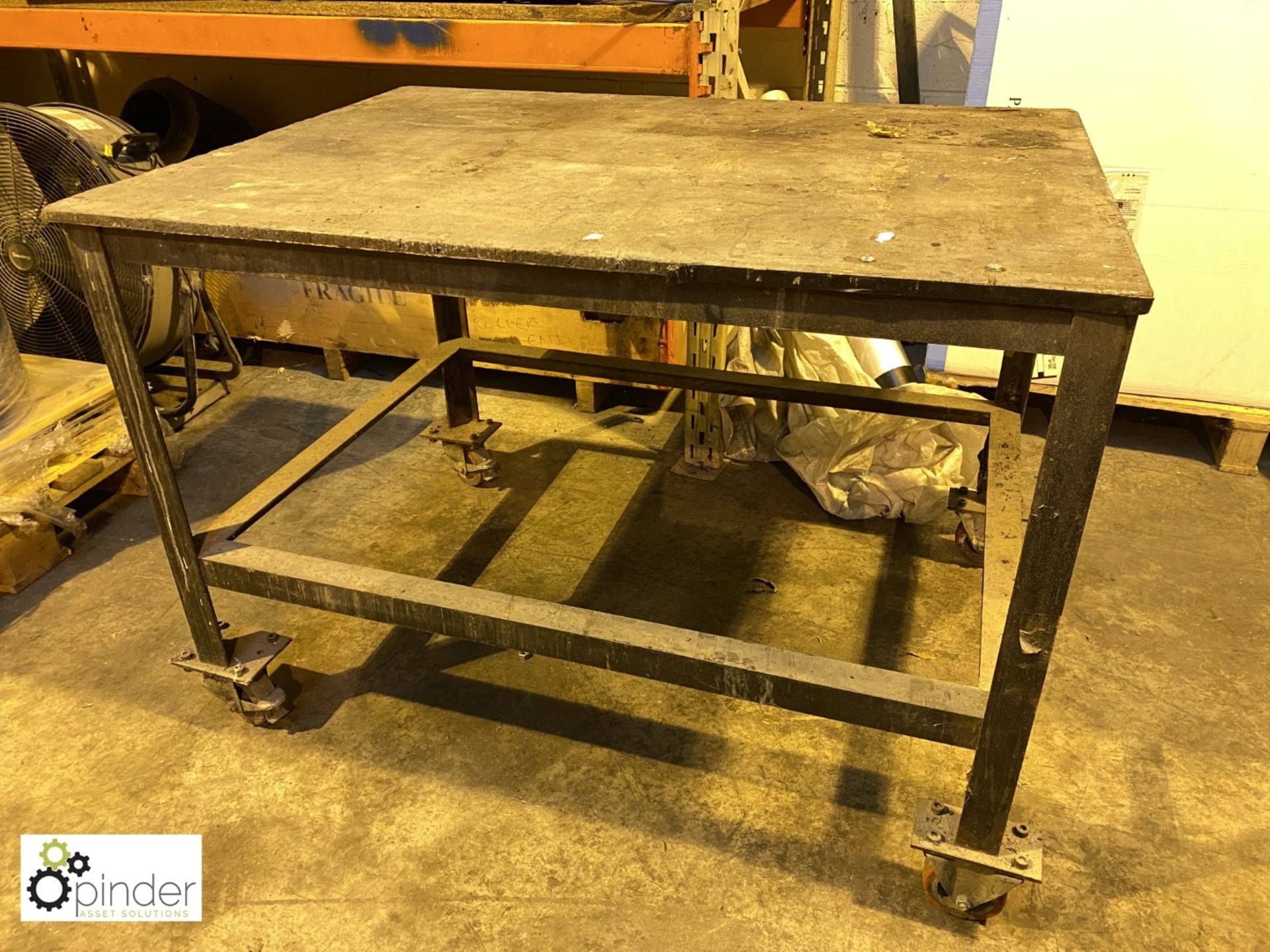 Mobile steel framed Work Table, 1180mm x 870mm, with timber top (please note this lot is located