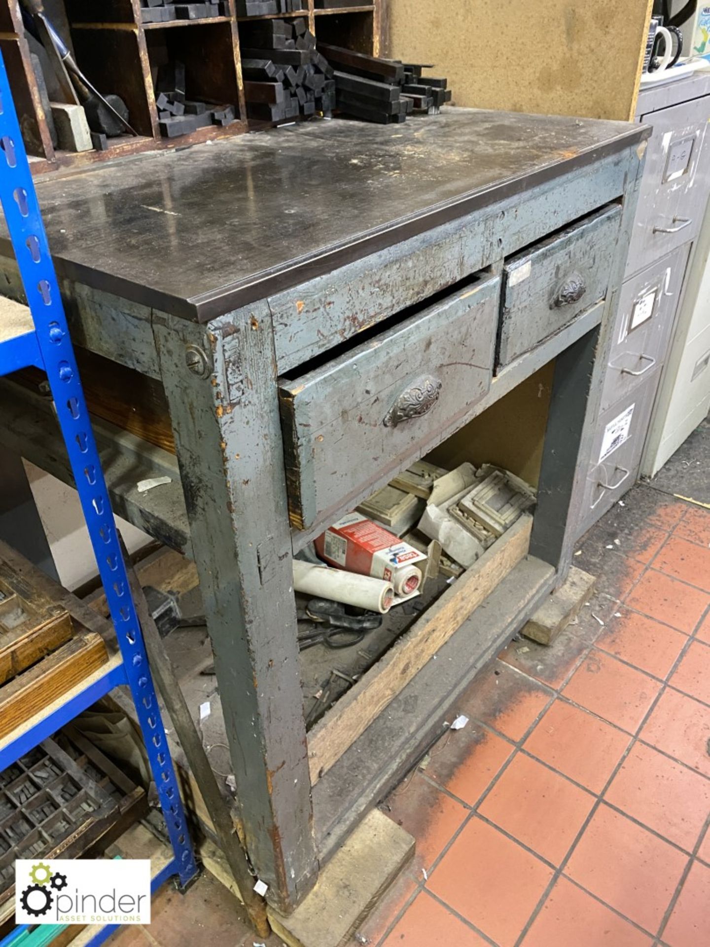 Cast iron top wood frame Setting Bench, with 2 drawers (please note this lot is located in Blackpool - Image 5 of 5