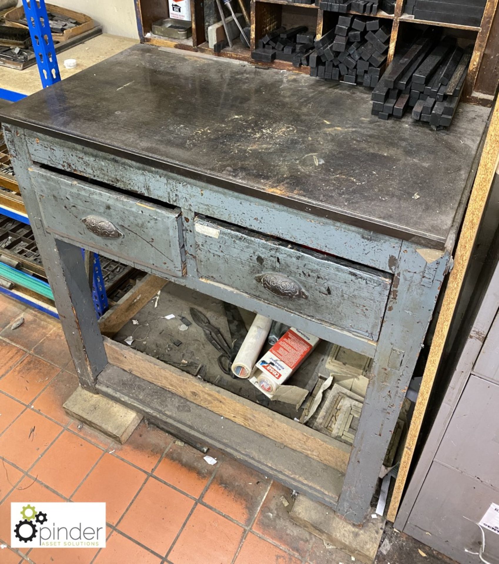 Cast iron top wood frame Setting Bench, with 2 drawers (please note this lot is located in Blackpool - Image 2 of 5