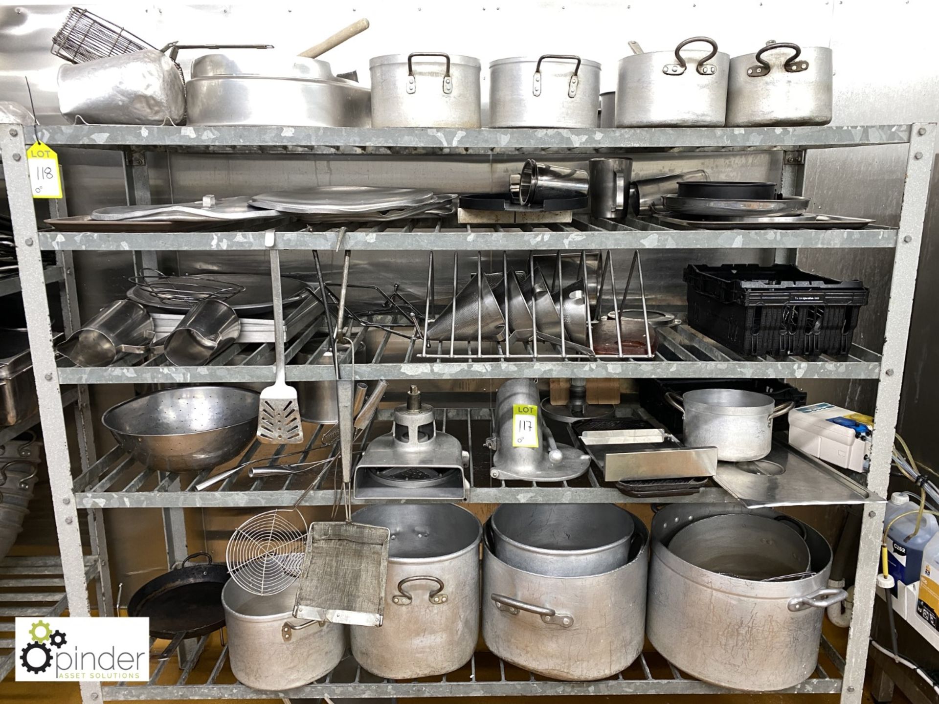 Large quantity Cooking Pots, Sieves, Trays, Pans, etc, to rack (located in Pot Wash Room,