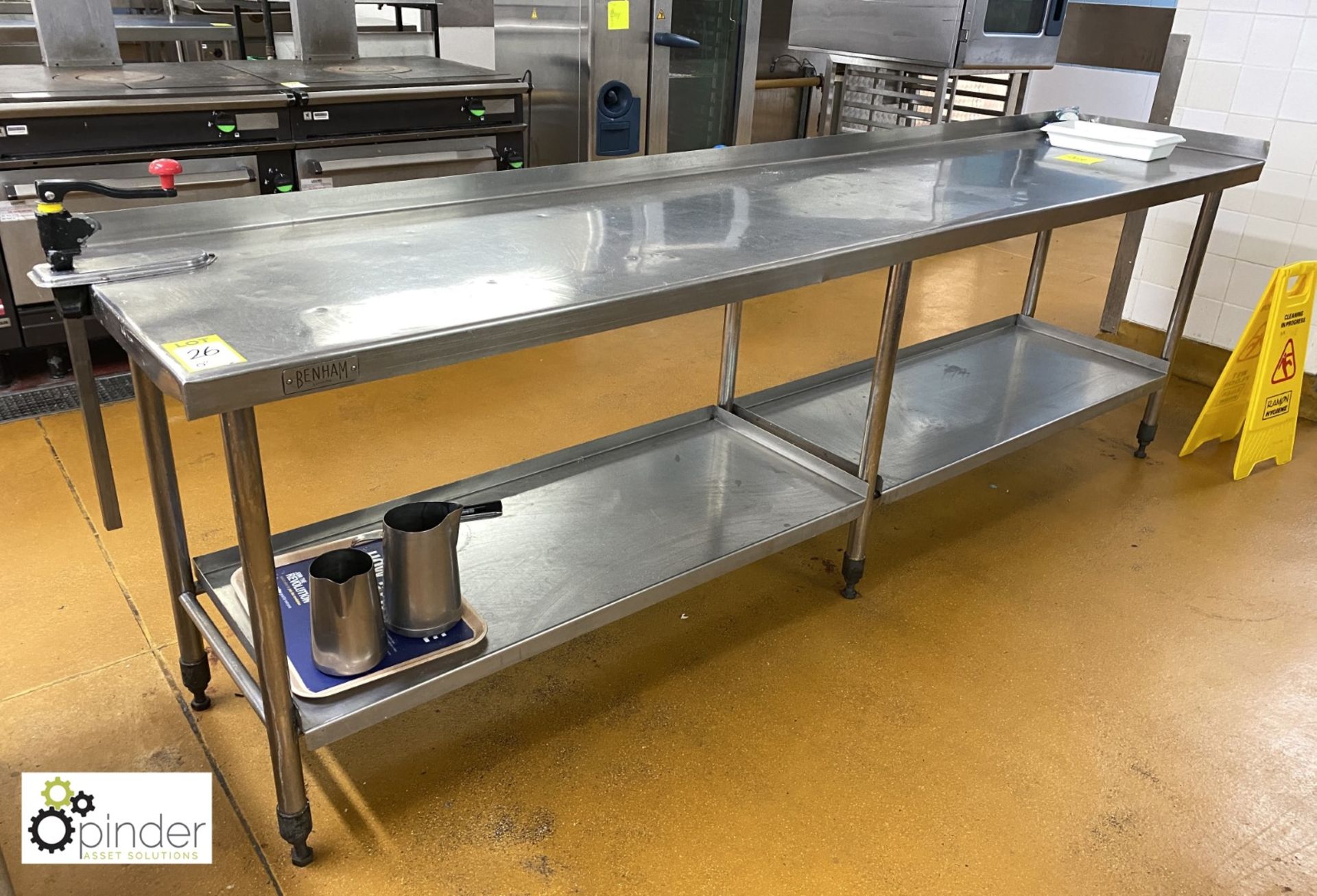 Stainless steel Preparation Table, 2750mm x 620mm, with Bonzer can opener, rear lip and under