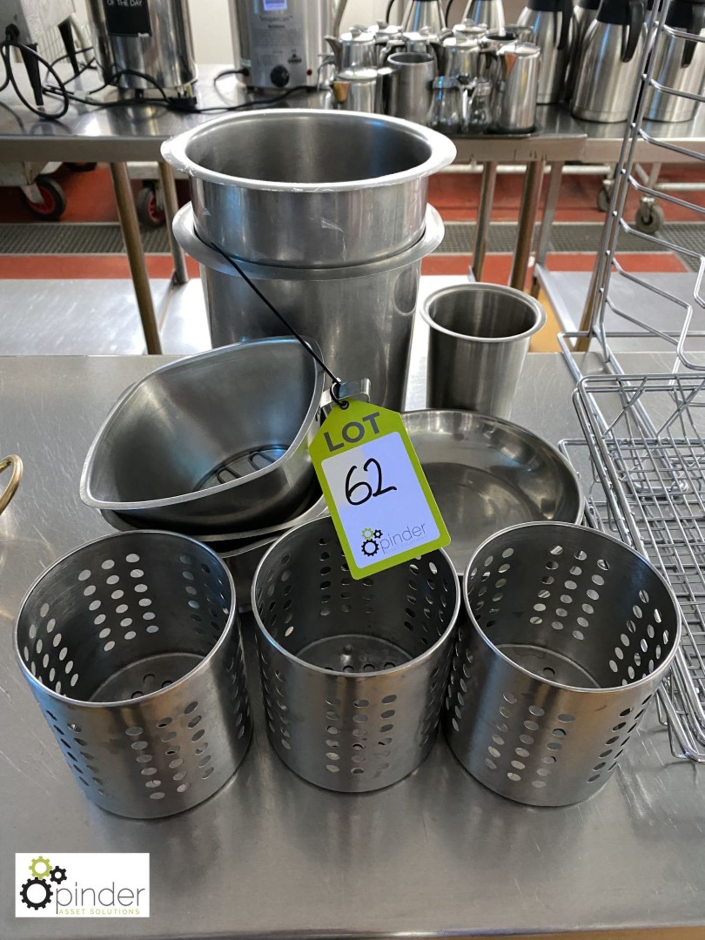 Quantity various stainless steel Pots and Utensil Holders (located in Main Kitchen, Basement) ****