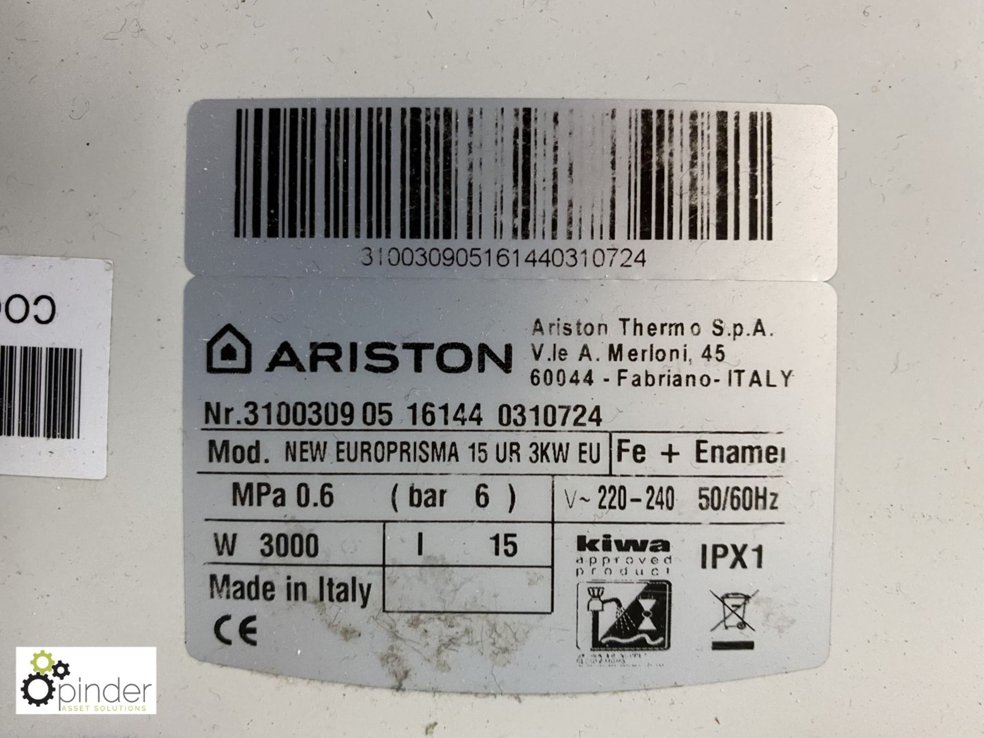 Ariston New Euro Prisma 15UR 3kw Water Heater (located in Main Kitchen, Basement) **** please note - Image 2 of 2