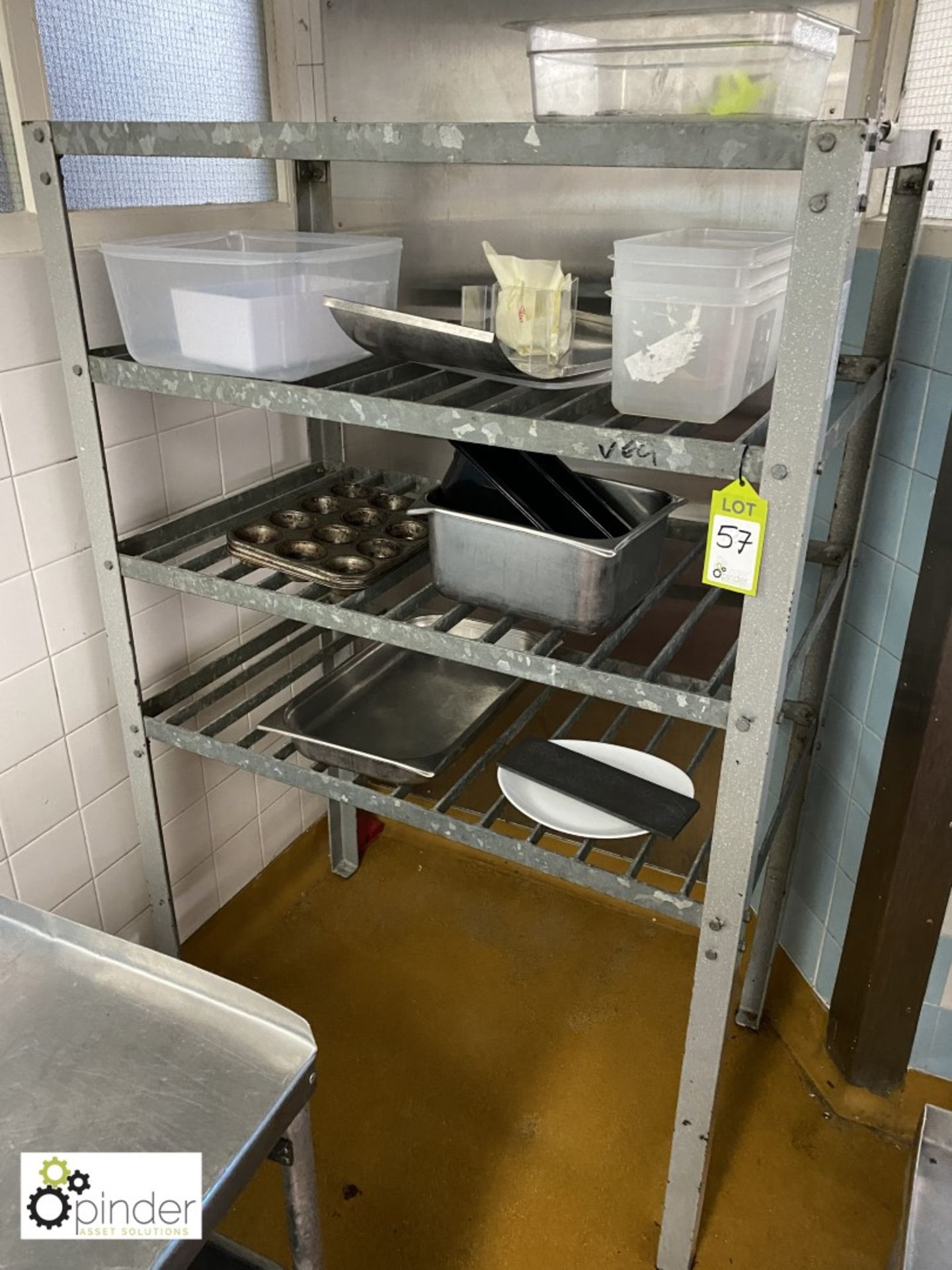 Galvanised steel 4-shelf Pan Rack and contents, including various baking trays (located in Main