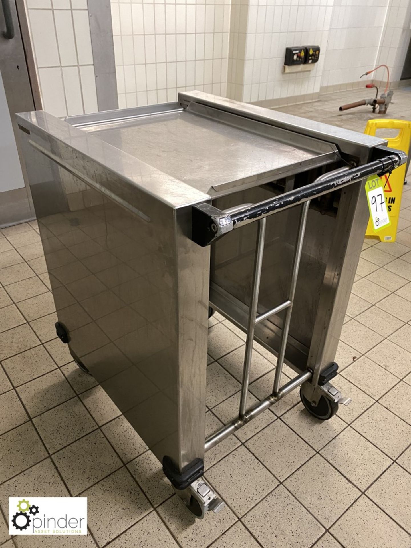 Stainless steel mobile spring loaded Tray Rack (located in Tray Wash Room, Basement) **** please