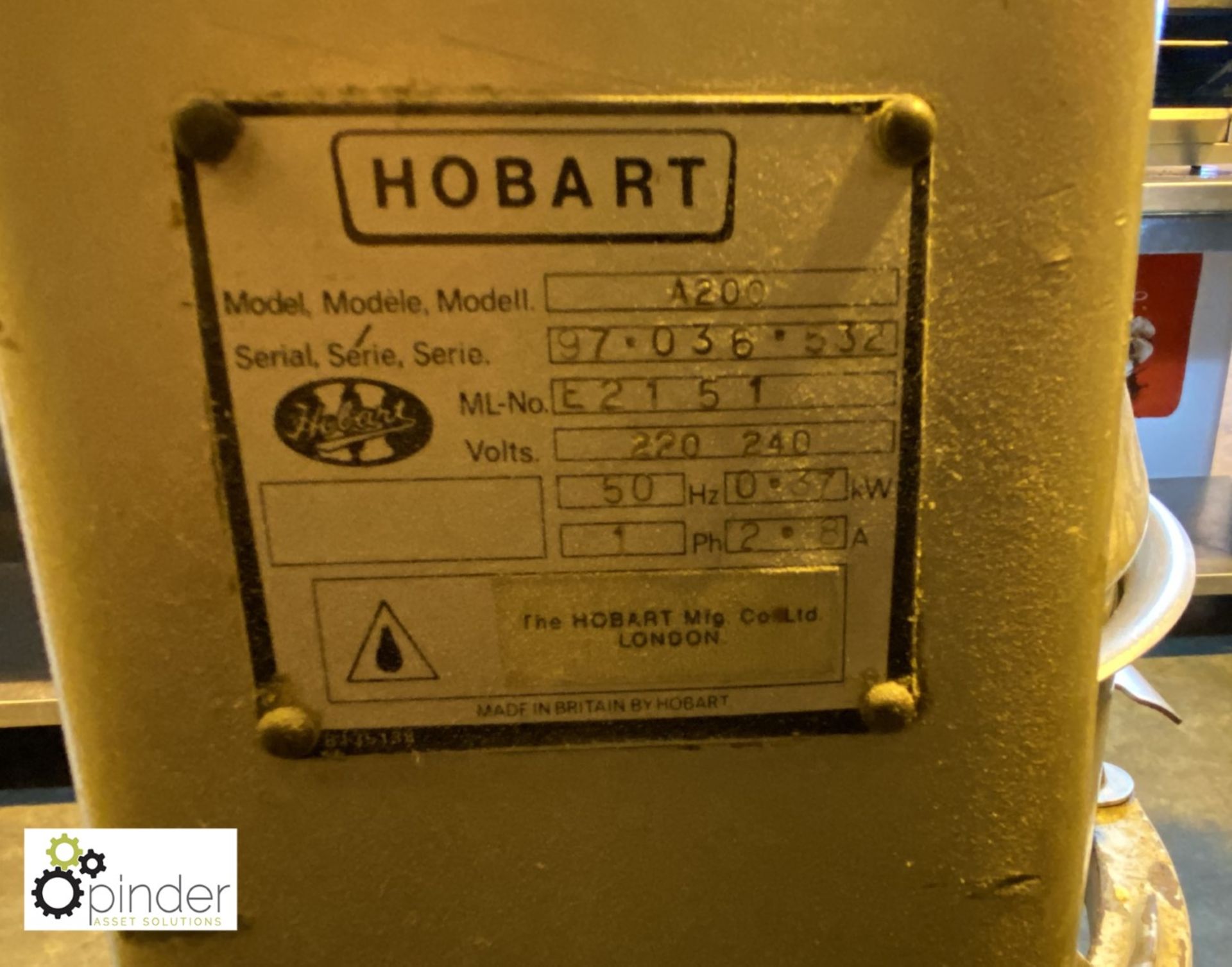 Hobart A200 Planetary Mixer, 240volts, with whisk, paddle and bowl - Image 3 of 3