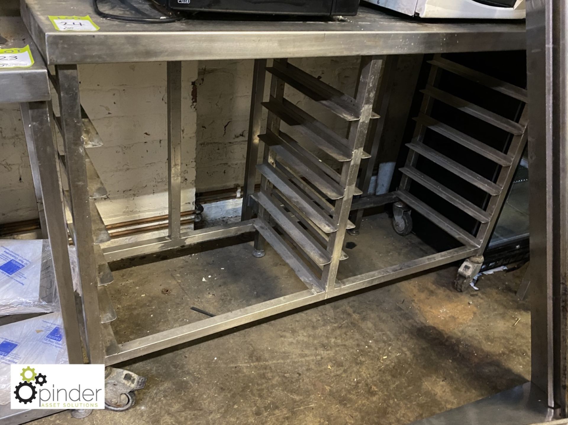 Stainless steel mobile Preparation Table, 1350mm x 450mm x 900mm, with ingredient shelf and tray