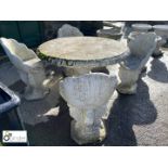 4 reconstituted Garden Seats and round Table with egg and dart moulding, approx. chairs 34in high,