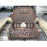 Cast iron Dog Grate with lion motif back plate, approx. 20in high x 15in long