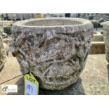 Reconstituted round stone Planter with grapevine and animal decoration, approx. 11in high