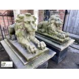 Pair of Georgian carved Yorkshire stone Reclining Lions, approx. 40in long x 21in high