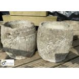 Pair of reconstituted stone barrel shaped Planters, approx. 12in diameter