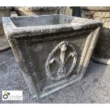 Square reconstituted stone Planter with fleur de lea decoration, approx. 12in high x 19in diameter