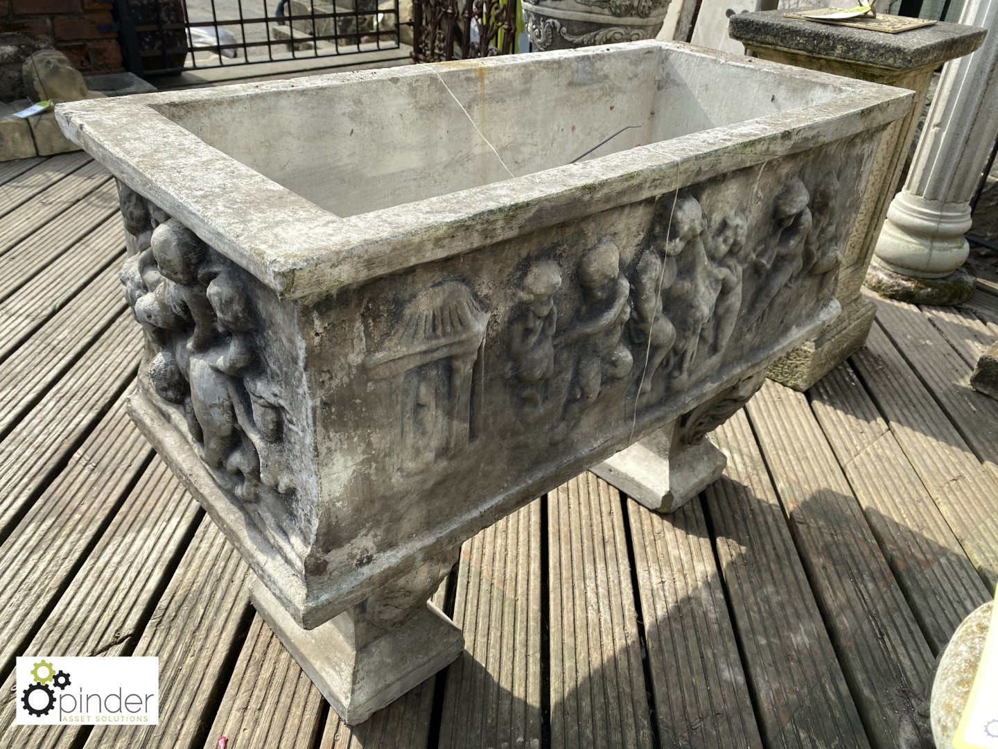 Rectangular reconstituted stone Planter standing on corbeled legs depicting putti playing, approx. - Image 4 of 4