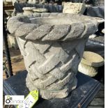 Reconstituted stone Planter with basket pattern, approx 15in high x 16in diameter