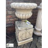 Victorian buff salt glazed Garden Urn on base with Laurel leaf decoration, approx. 34in high