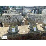 Pair of reconstituted stone Garden Urns with fleur de Lau decorations, approx. 14in high x 18in