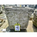 Reconstituted stone square Garden Planter with figurine decorations, approx. 12in