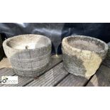 Pair of reconstituted half barrel shaped Planters, approx. 12in diameter