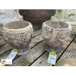 Pair of reconstituted stone Garden Urns with Greek key decoration, approx. 10in high x 10in