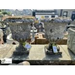 Pair of reconstituted stone Garden Urns with grape vine decoration, approx.17in high