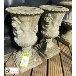 Pair of reconstituted stone Garden Urns depicting Yorkshire rose decorations, approx 19in high x