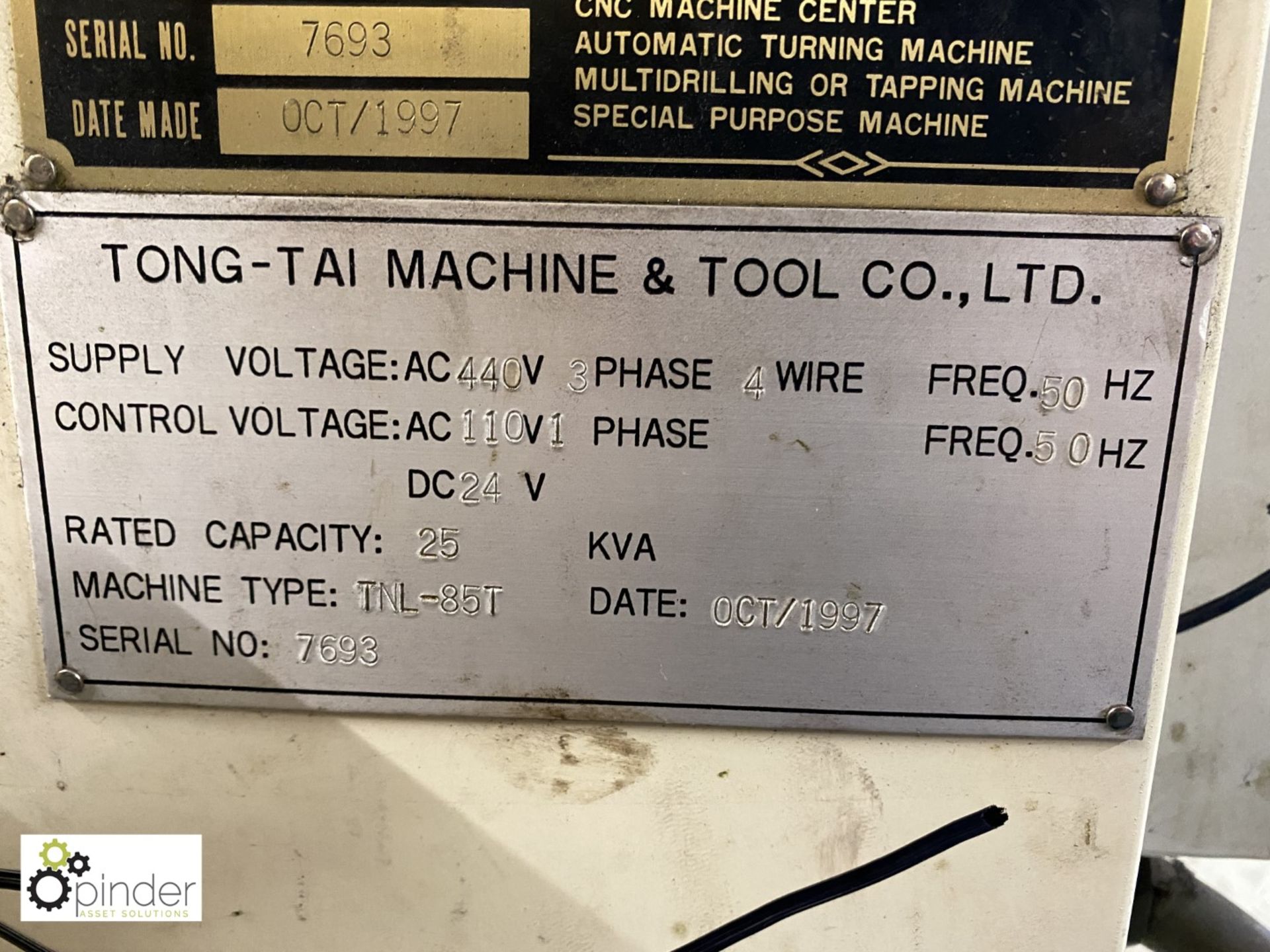 Tongtai TNL-85T CNC Lathe, serial number 7693, year 1997, Fanuc Series OT control, includes quantity - Image 9 of 20