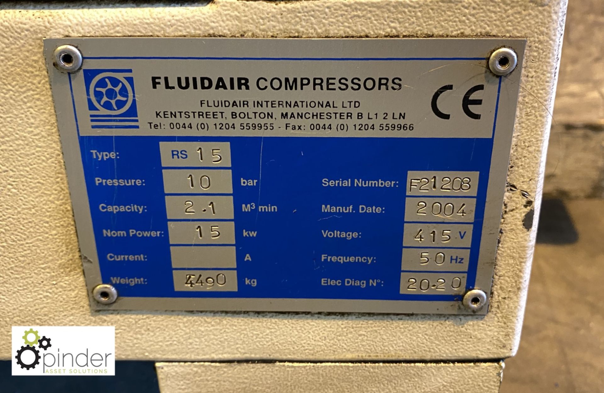 Fluidair RS-15 Packaged Air Compressor, 10bar, capacity 2.1m³/min, 415volts, serial number F21208, - Image 4 of 5