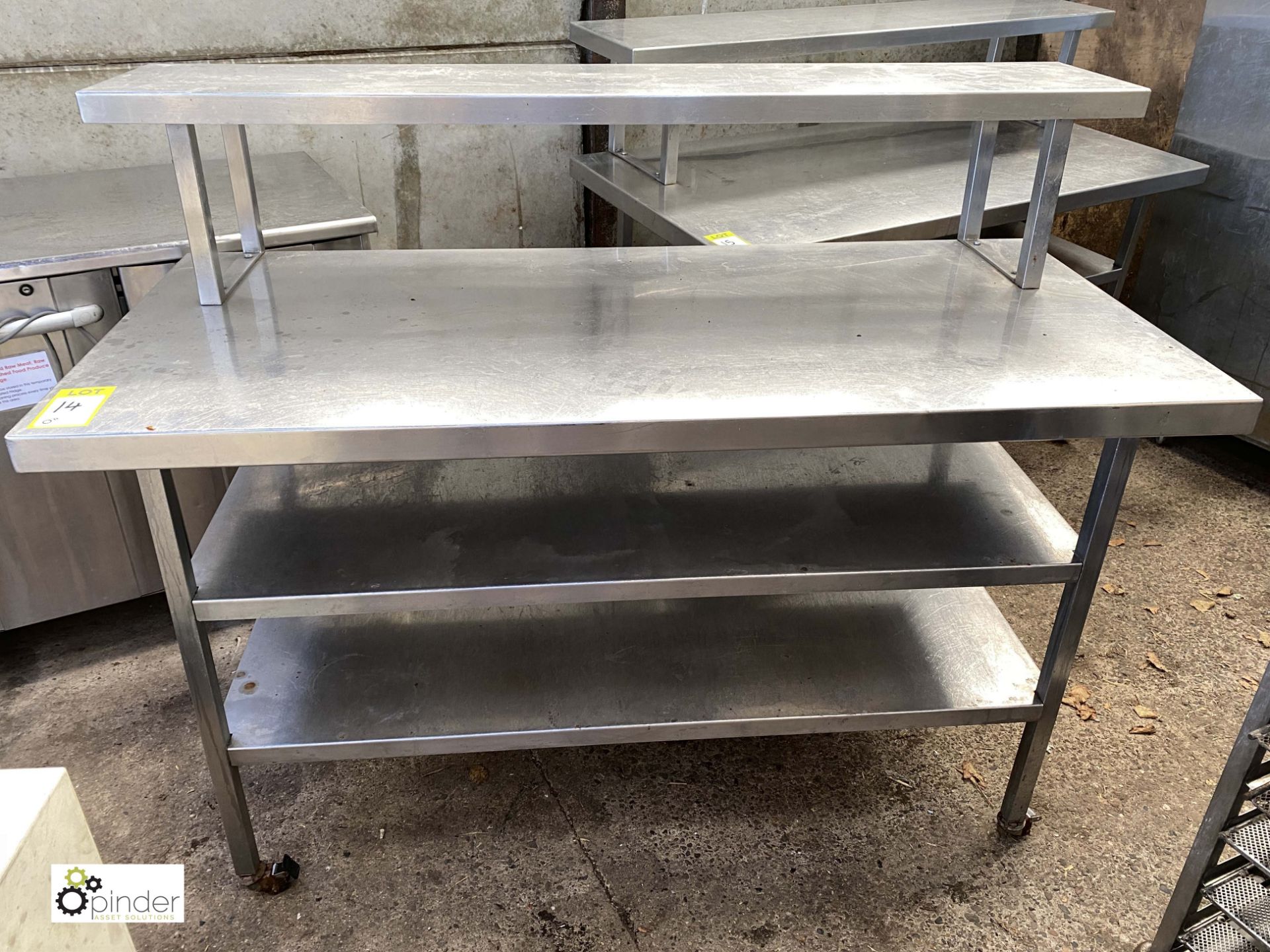 Stainless steel Preparation/Serving Counter, with 2 undershelves and serving gantry, 1500mm x