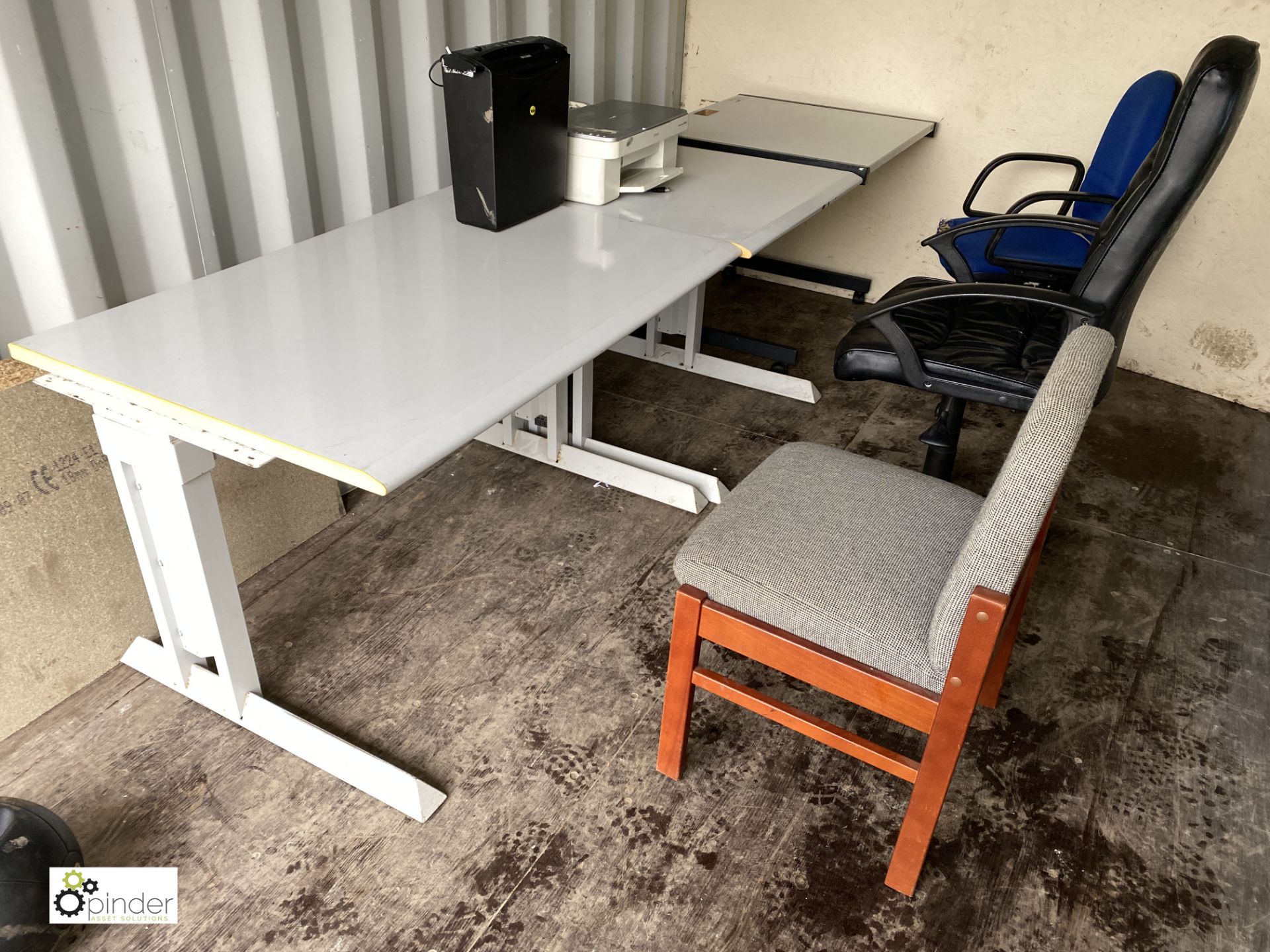 3 steel framed office Desks, 3 various office Chairs, Epson Inkjet Printer and Yale Paper Shredder