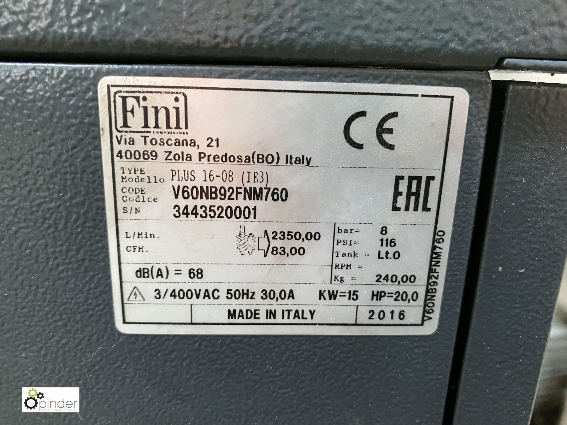 Fini Plus 16 08 Screw Compressor, 8bar, 400volts, year 2016 (please note this lot has a lift out fee - Image 3 of 4