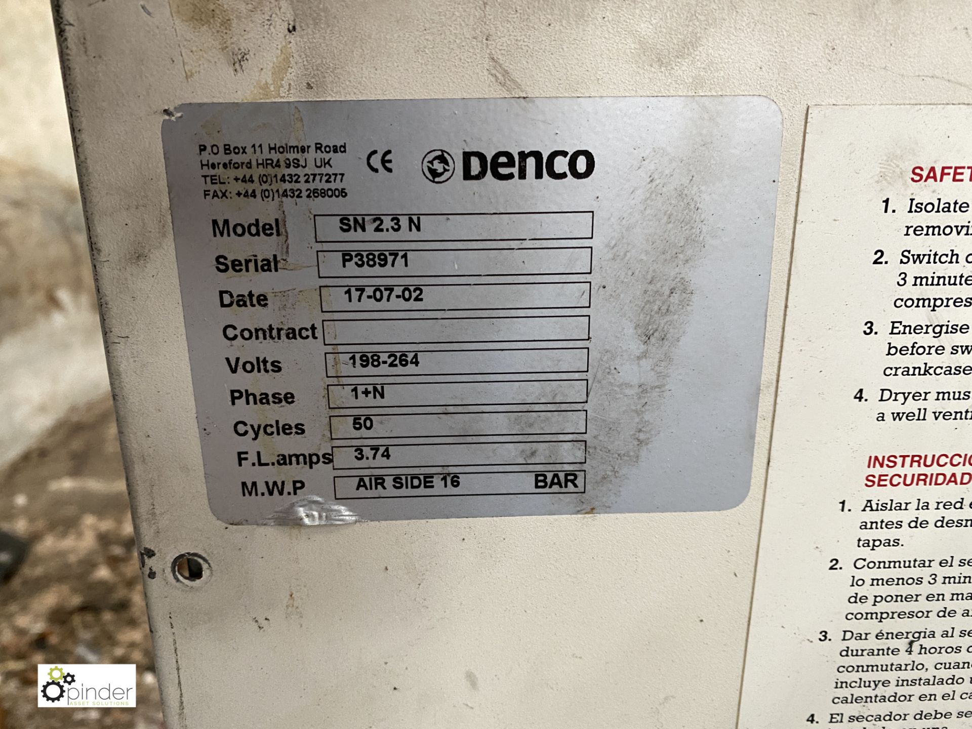 Denco SN2.3N Compressed Air Dryer, 240volts (please note this lot has a lift out fee of £5 plus - Image 2 of 2